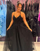 Black Spaghetti A-Line Tulle Long Prom Dress with Appliques