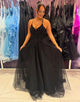 Black Spaghetti A-Line Tulle Long Prom Dress with Appliques