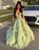 Sage Green Spaghetti A-Line Tulle Tiered Long Prom Dress with Appliques