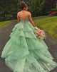 Sage Green Spaghetti A-Line Tulle Tiered Long Prom Dress with Appliques