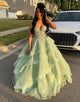 Sage Green Spaghetti A-Line Tulle Tiered Long Prom Dress with Appliques