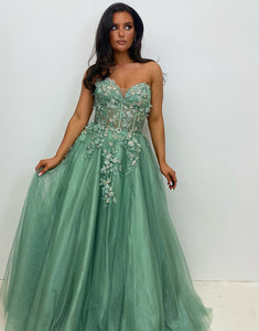 Sage Green Sweetheart Tulle Tiered A-Line Long Prom Dress with Appliques