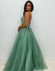 Sage Green Sweetheart Tulle Tiered A-Line Long Prom Dress with Appliques