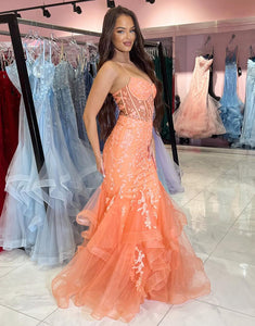 Orange Spaghetti Tulle Tiered Mermaid Long Prom Dress with Appliques