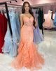 Orange Spaghetti Tulle Tiered Mermaid Long Prom Dress with Appliques