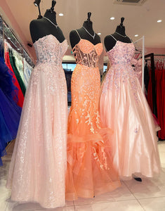 Orange Spaghetti Tulle Tiered Mermaid Long Prom Dress with Appliques