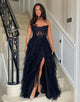 Black Strapless A-Line Tulle Tiered Long Prom Dress with Appliques