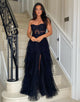 Black Strapless A-Line Tulle Tiered Long Prom Dress with Appliques