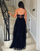 Black Strapless A-Line Tulle Tiered Long Prom Dress with Appliques