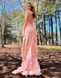 Blush Spaghetti Straps Chiffon Mermaid Long Prom Dress with Ruffles