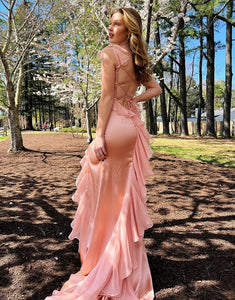 Blush Spaghetti Straps Chiffon Mermaid Long Prom Dress with Ruffles