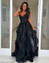 Sparkly Black Spaghetti Straps A-Line Sequins Tiered Long Prom Dress
