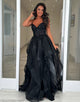 Sparkly Black Spaghetti Straps A-Line Sequins Tiered Long Prom Dress