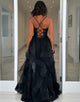 Sparkly Black Spaghetti Straps A-Line Sequins Tiered Long Prom Dress