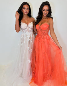 Orange Spaghetti Straps A-Line Tulle Prom Dress with Appliques