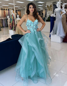 Blue Spaghetti A-Line Tulle Tiered Long Prom Dress with Appliques