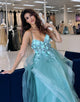 Blue Spaghetti A-Line Tulle Tiered Long Prom Dress with Appliques