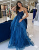 Blue Spaghetti A-Line Tulle Tiered Long Prom Dress with Appliques