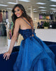 Blue Spaghetti A-Line Tulle Tiered Long Prom Dress with Appliques