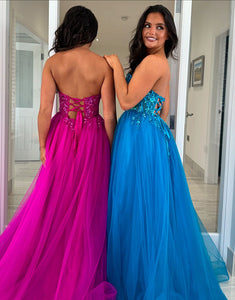 Fuchsia Strapless A-Line Tulle Long Prom Dress with Appliques