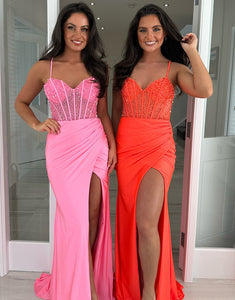 Pink Spaghetti Mermaid Long Prom Dress with Beading