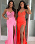 Pink Spaghetti Mermaid Long Prom Dress with Beading