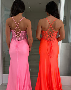 Pink Spaghetti Mermaid Long Prom Dress with Beading