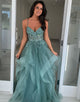 Grey Blue Spaghetti A-Line Tulle Tiered Long Prom Dress with Appliques