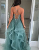 Grey Blue Spaghetti A-Line Tulle Tiered Long Prom Dress with Appliques