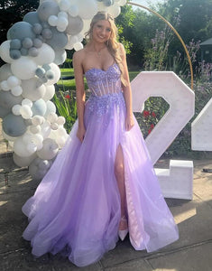 Lilac Sweetheart A-Line Tulle Long Prom Dress with Appliques