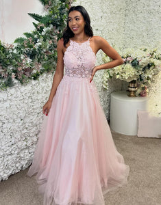 Pink Halter Neck A-Line Tulle Long Prom Dress with Appliques