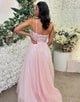 Pink Halter Neck A-Line Tulle Long Prom Dress with Appliques