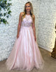 Pink Halter Neck A-Line Tulle Long Prom Dress with Appliques