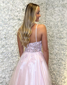 Pink Halter Neck A-Line Tulle Long Prom Dress with Appliques