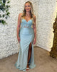 Sky Blue Mermaid Spaghetti Backless Long Prom Dress with Slit