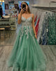 Sage Spaghetti Straps Tulle A-Line Long Prom Dress with Appliques