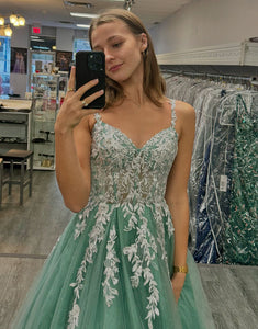 Sage Spaghetti Straps Tulle A-Line Long Prom Dress with Appliques