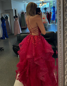 Sparkly Fuchsia Spaghetti A-Line Long Prom Dress with Appliques