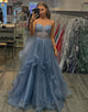 Sparkly Grey Blue Sequins Spaghetti Tulle Tiered A-Line Long Prom Dress