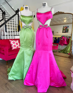 Fuchsia Mermaid Spaghetti Bow Crystal Sweep Train Prom Dress