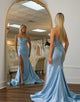 Blue Mermaid Strapless Applique Sweep Train Slit Prom Dress