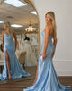 Blue Mermaid Strapless Applique Sweep Train Slit Prom Dress