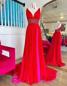 Red A-Line Spaghetti Backless Crystal Applique Prom Dress