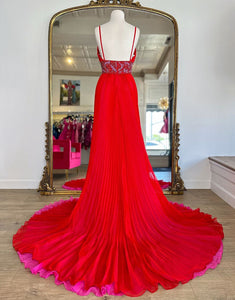 Red A-Line Spaghetti Backless Crystal Applique Prom Dress