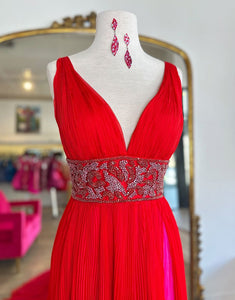 Red A-Line Spaghetti Backless Crystal Applique Prom Dress