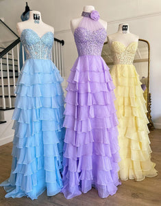 A-Line Halter Applique Slit Prom Dress with Cascading Ruffles