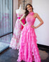 Hot Pink A-Line High Neck Halter Cascading Ruffles Prom Dress