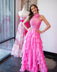 Hot Pink A-Line High Neck Halter Cascading Ruffles Prom Dress