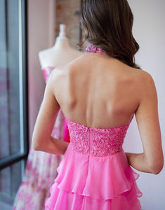 Hot Pink A-Line High Neck Halter Cascading Ruffles Prom Dress