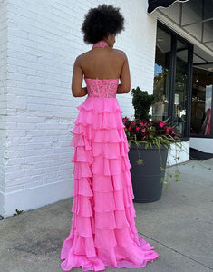 A-Line Halter Applique Slit Prom Dress with Cascading Ruffles